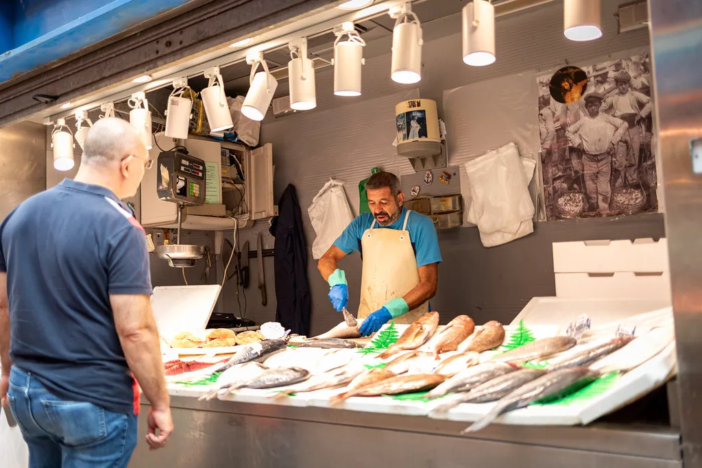 Mercado del Carmen seafood stalls in Málaga, Spain