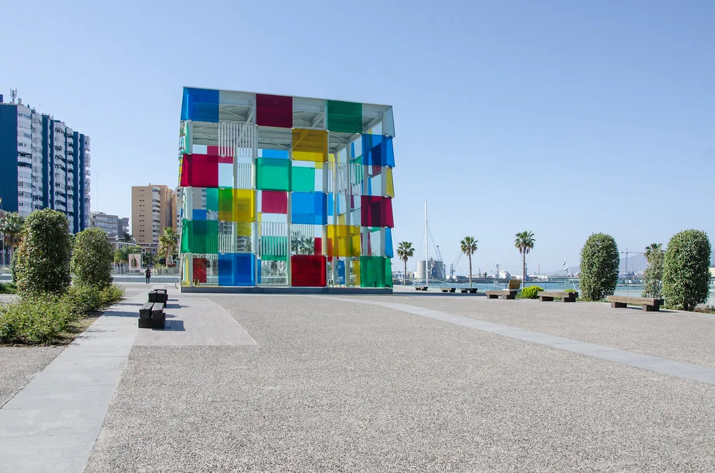 El Cubo glass entrance structure of Centre Pompidou Malaga at the port